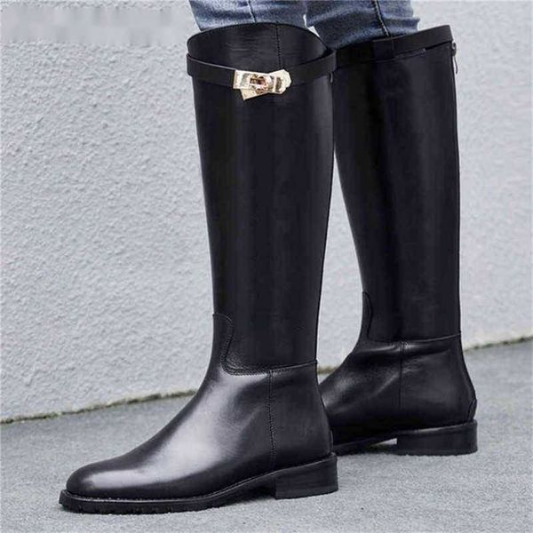 Botas Mujer Motocicleta Tiburón Hebilla Rodilla alta Cremallera Punta redonda Botas de cuero Zapatos de diseñador femenino 220729