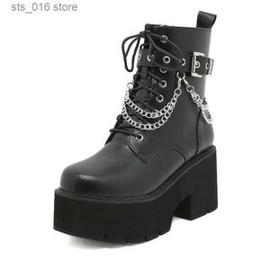 Laarzen Vrouwen Platform Enkellaarsjes Zwarte Gotische Gesp Pu Leer Vrouw Creeper Punk Schoenen Vrouwelijke Dikke Hak Korte Laarzen Plus size T230829