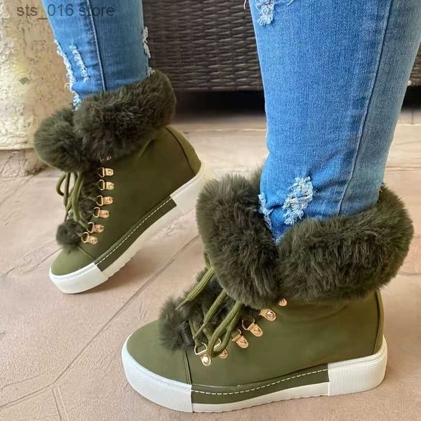 Botas Mujer Plataforma Forro Polar Botines Térmicos Color Sólido Con Cordones Zapatos De Cuero De Imitación Calzado De Mujer T230824