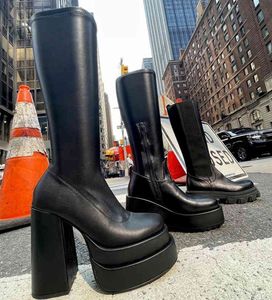 Bottes femmes plate-forme Goth chaussures talons épais genou haut microfibre noir Stretch longues Botas Femininas nouveau 220901