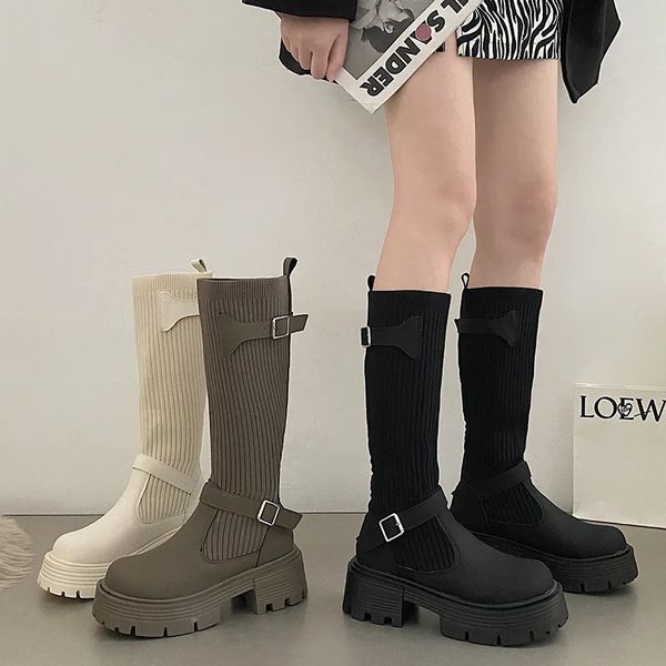 Bottes femmes plate-forme genou-haute dames augmenter la hauteur Super haute 6 cm Stretch tricoté chaussette longue fond épais chaussures chaudes 231019