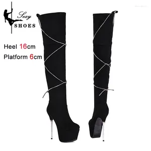 Boots Plateforme de femmes sur le genou noir automne hiver dame chaussures ramionnage talons talons et strip-teaseuse