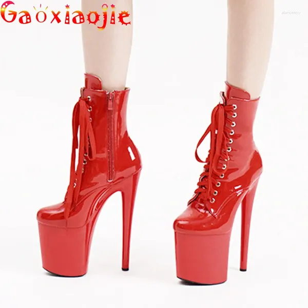 Botas de mujer, zapatos de plataforma para fiesta, tacones altos de 15CM, zapatos de baile en barra rojos, tacones de aguja con cordones cruzados, pantalones cortos sexis para escenario de discoteca