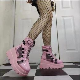 Bottes femmes Punk gothique moto bottes plate-forme gros talon haut bottine dames Cool Wedge femme noir femme chaussures 230822