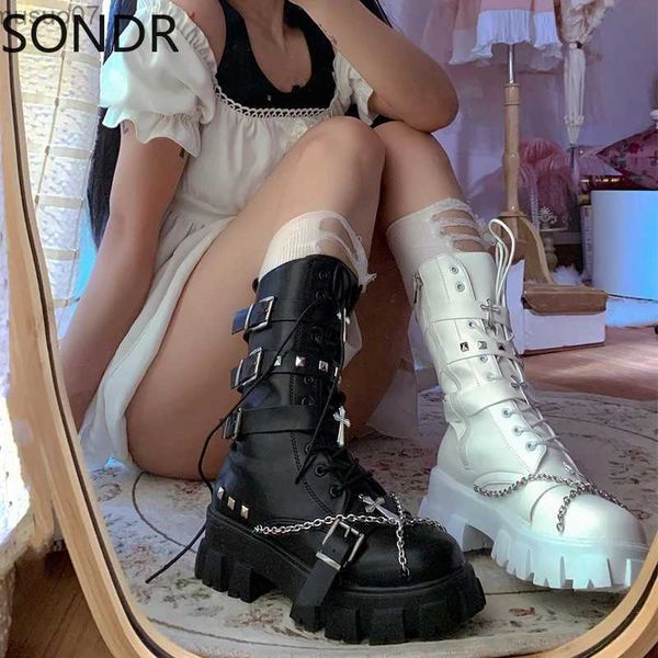 Bottes femmes bout rond crâne croix chaîne en métal gothique Punk mi-mollet bottes chaussures plate-forme talon épais Creepers japonais Harajuku DarkNew