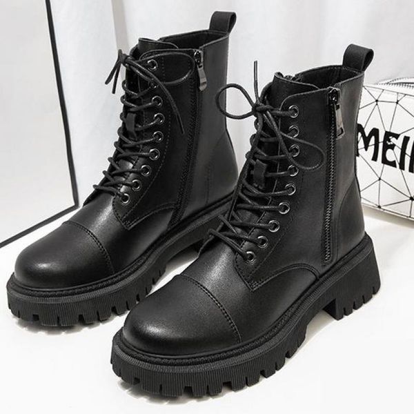 Bottes 2022 Femme Femme Fashion Cuir Noir Plate-forme Gothique Punk Fighting Chaussures Round Toe Botines de Mujer Sexy