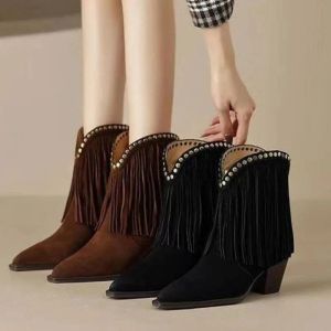 Boots Women's 2023 geklonken Tassel Western Cowboy Boots Fashion Dick Boots Tip Toe Slide in Bottas Mujer Fashion Vintage Shoes