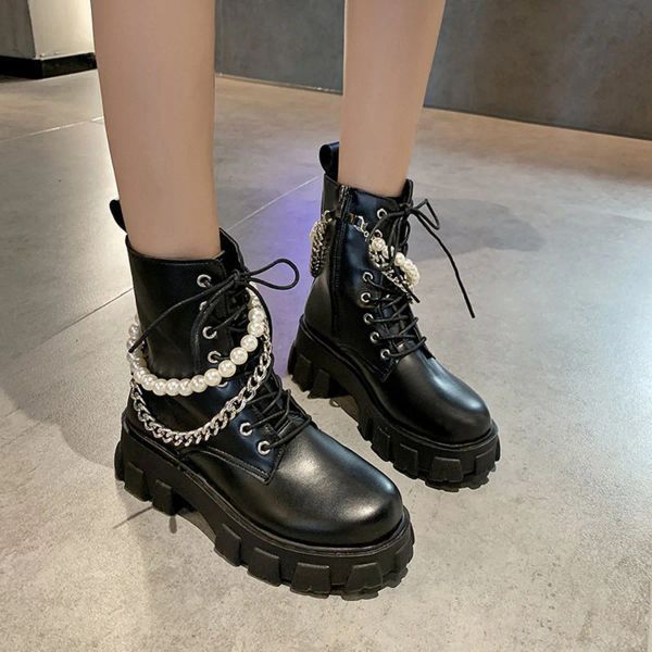 Boots Botas de tobillo para mujeres Autumn 2023 Fashion PU Leather Pearl Chain Platform Booties Black Bunk Style Casual Shoes Zapatos