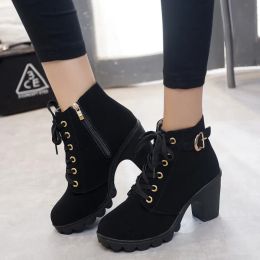 Laarzen dames enkel laarzen herfst solide kleur veter dikke hakken comfortabele plus size wandelende mode schoenen chaussures femme