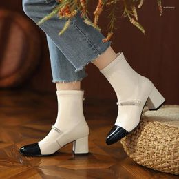 Botas Zapatos de otoño para mujer Cuero Tacón cuadrado corto Bombas con punta puntiaguda Damas 2024 Moda Tobillo con cremallera trasera