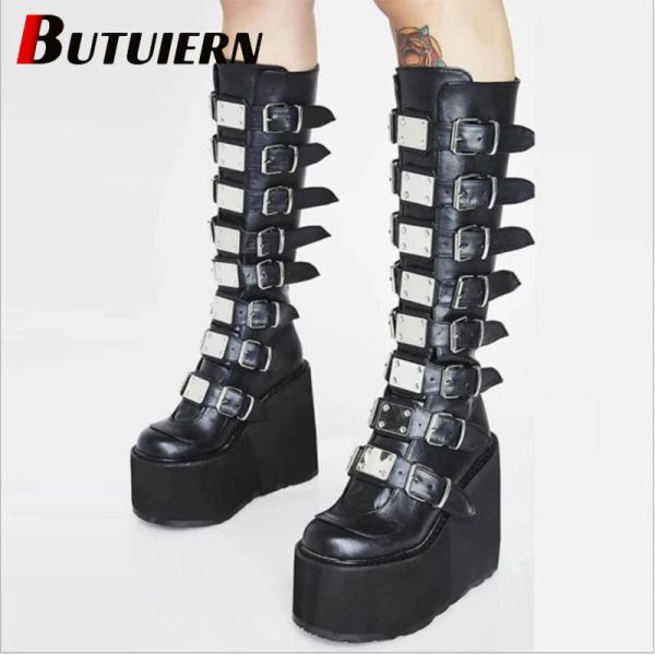 BOOTS Las botas negras y negras de botas de mujer Fall Metal Punk Punk Gothic 11cm Plataforma Boot Woman Wedges Botas altas Botas Femininas