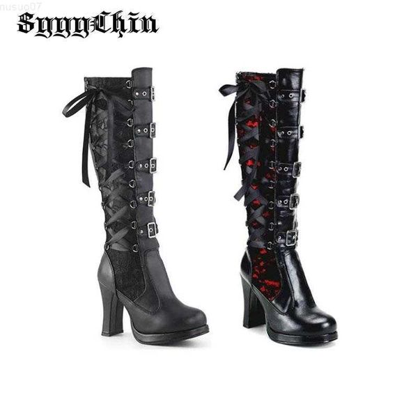 Bottes Femmes Bottes Lolita Gothique Épaisse Talon Haut Dentelle Broderie Pompe Femme Croix Dentelle Boucle Corne Orteil Chevalier Chaussures L230711