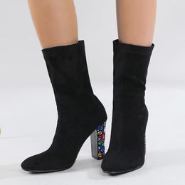 Bottes Femmes Chaussures De Pierres Précieuses Colorées Avec Talons Épais Et Daim 750-1