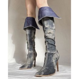 Botas Denim para mujeres Toe puntiagudas de cristal sexy rodilla botas altas de tacón alto tacón botas de vaquero zapatos de diseñador de talla grande 230314