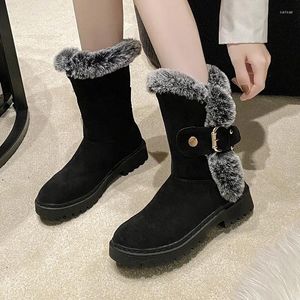 Bottes Fémières en daim pour l'hiver pour les dames chaudes et la neige de neige à bout rond confortable Chaussures à mi-molle