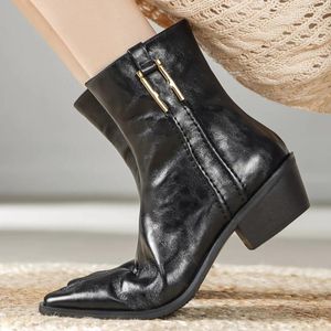 Laarzen dames echte leer puntige teen zijkant zip herfst western 4,5 cm lage hiel casual vrouwelijke korte enkelschoenen voor vrouw