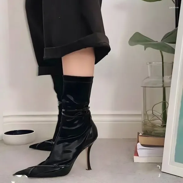 Bottes Femmes Chaussures À Talons Hauts Automne Pionté Toe Mince Mi-mollet Pour Femmes Sexy Mode Pu Cuir Dames Stretch