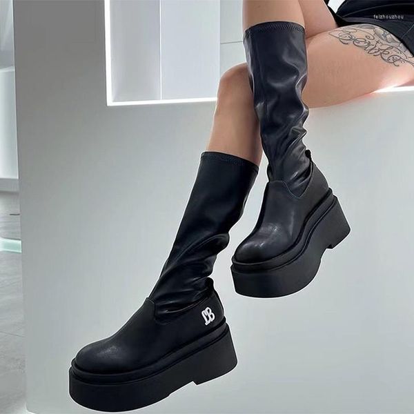 Bottes à talons hauts et semelles épaisses pour femmes, chaussures de chevalier à bout rond, classe mi-mollet, tendance d'automne 2023