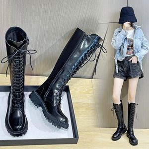Bottes hautes à lacets pour femmes, chaussures à semelles compensées, Style Lolita, en cuir véritable, mode dames, au-dessus du genou, automne 2021