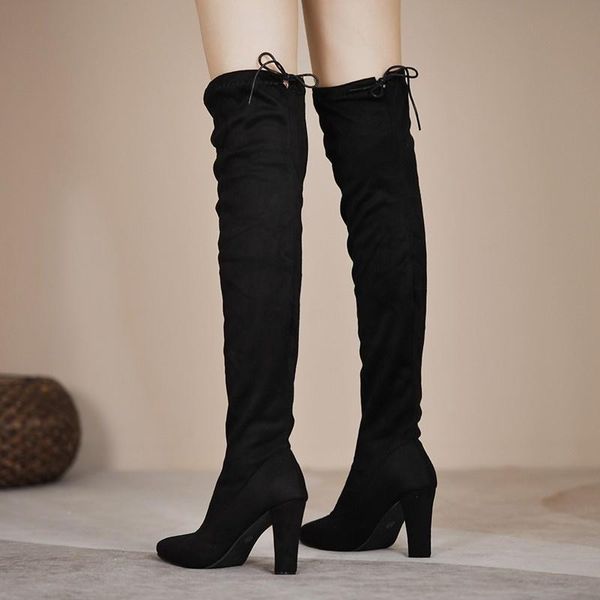 Bottes femmes genou-haut élastique bas femme bout pointu talon haut à lacets hiver bureau dame daim chaussures habillées Sexy