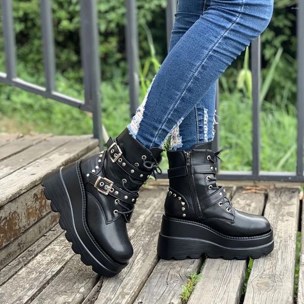 Bottes à lacets pour femmes, plateforme, talons compensés, fermeture éclair latérale, chaussures de Style Punk à la cheville