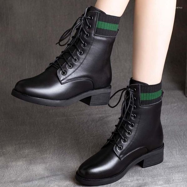 Botas Mujer Marton cuero genuino otoño con cordones motocicleta tobillo señoras zapatos de estilo británico Botas Mujer Q359