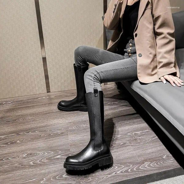 Bottes Chaussures de talon moyen pour femmes pour la femme Longues chaussures noires plate-forme noire Hiver Knee High Shaft 2024 nouveauté Fashion imperméable Pu