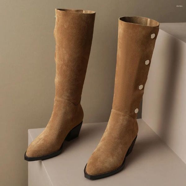 Botas de mujer de piel de ante Natural con punta estrecha y botones, otoño hasta la rodilla, 5cm de espesor, tacón medio, zapatos largos informales para mujer