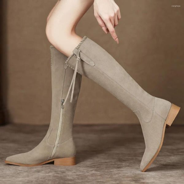 Bottes en cuir suédé naturel pour femmes, fermeture éclair latérale, bout pointu, plates à enfiler, hautes, décontractées, qualité longue, hiver