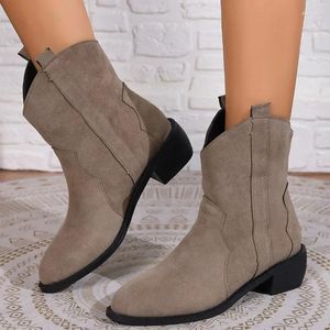 Bottes Chaussures Pour Femmes 2024 Grande Taille Sans Lacet Mi-mollet Élégant Femmes Modernes Couture Bout Pointu Talon Bas Dames