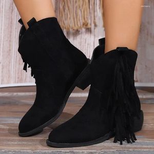 Bottes Chaussures Pour Femmes 2024 Sans Lacet Mi-mollet Concis Femmes Modernes Frange Bout Pointu Talon Bas Grande Taille Dames