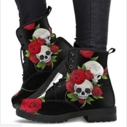 Laarzen damesschoenen dames winter 2021 laarzen schoenen damesgereedschap laarzen schedel en bloemenprint hightop laarzen 2022