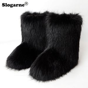 Boots Women's Snow Winter Faux Fur Fluffy S Girls 'Luxury Ry Bottes Femelle 3cm Flats Sole Chaussure 221203