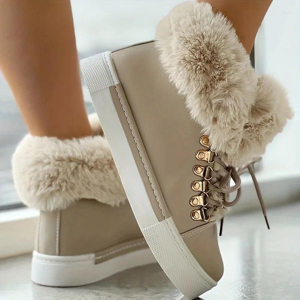 Bottes femme couleur unie à lacets haut bout rond antidérapant moelleux velours chaussures chaudes mode hiver neige confortable