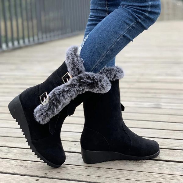 Bottes compensées mi-mollet pour femmes, chaussures de neige décontractées avec boucle en métal, doublure polaire