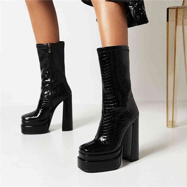 Bottes femmes Sexy court imprimé Crocodile bout carré chaussures à talons hauts pour fond épais en cuir mi-mollet Botas Mujer 220903