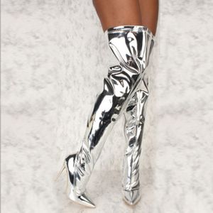 Bottes Femmes Sexy Silver Mirror Cuissardes Bottes T Show Pointy Toe Club Party Chaussures Minces Talons Hauts Sur Le Genou Bottes Longues Pour Femmes 230727