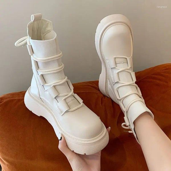 Boots Femme Chaussures Automne Hiver Botte Round Toe 2024 Rubber Dames Slimes Slip-On Lacet Up White Mid-Calf 40