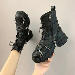 Boots Femme Chaussures Platform Boots Punk Gothic pour femmes Boots Combat dames Black Metal Bouton femme Motorcycle Boots Automne Nouveau