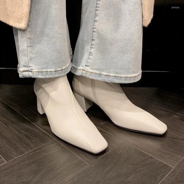 Botas Mujeres Zapatos de vestir con cremallera lateral corta en el talón Med Cuero de vaca Damas Corea Estilo Elegante Tobillo Grueso Cuadrado