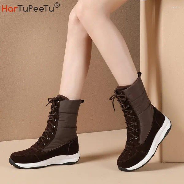 Boots Femmes Snow 2024 Winter Warm Plux Nubuck Patchwork Down Fabric Cross Cross Lace-Up Outdoor Tareshroping Platform Chaussures