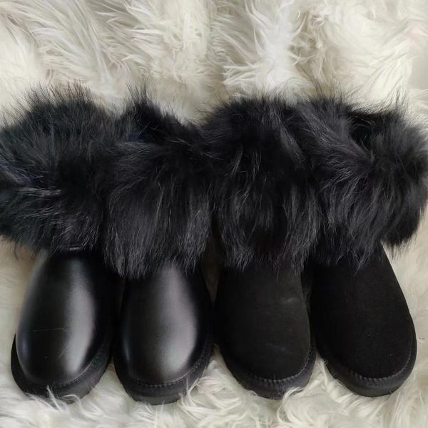 Bottes femmes neige en cuir authentique épais peluche à l'intérieur de la fourrure 2024 femme chaude plates hiver