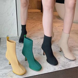 Bottes femmes chaussettes chaussons tricot bout rond mince talons hauts jaune/vert/noir/Beige Stretch automne hiver chaussures 39