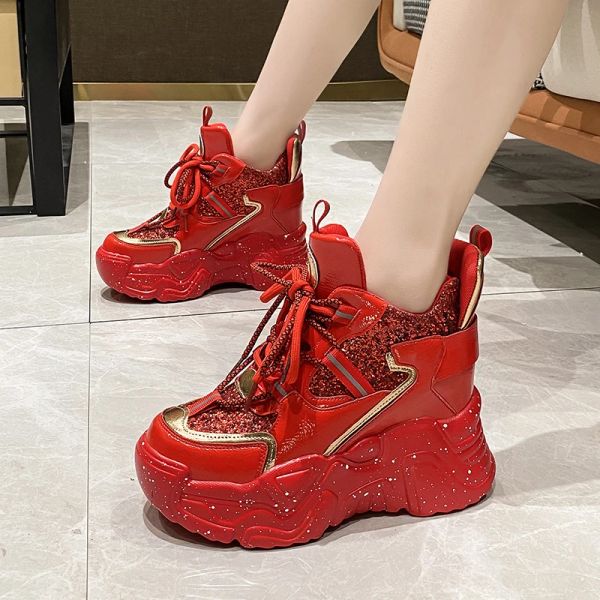 Boots Women Sports Shoes Fashion Rignestone Sequin Sneakers printemps 2023 Red Platform Wedge Femme décontractée Vulcanize Shoes Lace Up Tenis