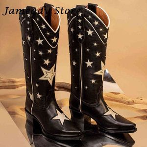 Bottes femmes étoile impression Western vache talon épais genou haut automne hiver être chevalier bref sur gladiateur Botas Mujer 220811