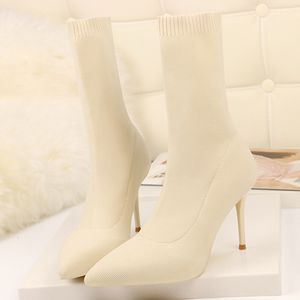 Bottes Femmes Stretch tricoté bottes de neige 7 cm 9 cm talons hauts blanc bottines mi-bas talons dame chaud hiver grande taille 33-43 chaussures d'événement 230830