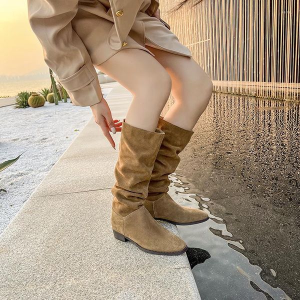 Botas mujer gamuza marrón tacones altos largos vaquero occidental arrugado 2023 moda zapatos de diseñador femenino muslo