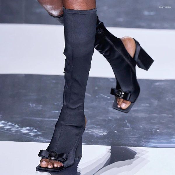 Boots Femmes d'été talons grossiers genou haut orteil arc arrière arrière coupé chaussures côté zipper stretch bottises longues