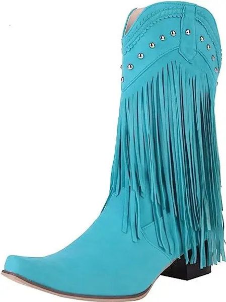 Bottes femmes gland Cowgirl bottes chaussures frange talons moyens bottes occidentales mode Slip-on coin bout pointu bottes femme 231207