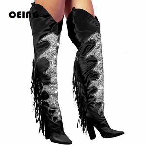 Bottes Femmes Cuissardes Talon Bloc Bout Pointu Paillettes Conceptions Frange Sexy Discothèque Cowboy Dos Zip Chaussures Botas De Mujer 231030